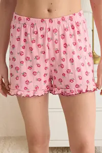 TRENDYOLMİLLA Pink 100% Cotton Floral Frilly Pointel Cellular/Delikli OF shorts Knitting Pajama Set - Image 5