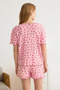 TRENDYOLMİLLA Pink 100% Cotton Floral Frilly Pointel Cellular/Delikli OF shorts Knitting Pajama Set - Image 6