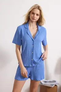 TRENDYOLMİLLA Mavi Crepe OF shorts Knitting Pajama Set