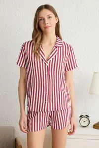 TRENDYOLMİLLA Burgundy Striped textured Fabric OF shorts Weaving Pajama Set - Image 2