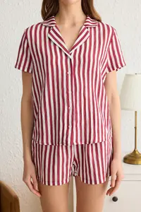 TRENDYOLMİLLA Burgundy Striped textured Fabric OF shorts Weaving Pajama Set - Image 3