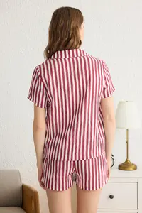 TRENDYOLMİLLA Burgundy Striped textured Fabric OF shorts Weaving Pajama Set - Image 5