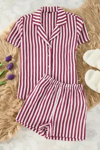 TRENDYOLMİLLA Burgundy Striped textured Fabric OF shorts Weaving Pajama Set - Image 6