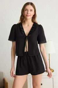 TRENDYOLMİLLA Black 100% Cotton Embroidered Binding Detailed Muslin OF shorts Weaving Pajama Set - Image 2