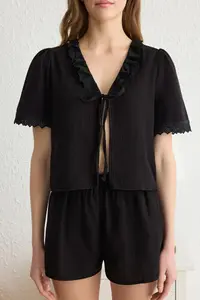 TRENDYOLMİLLA Black 100% Cotton Embroidered Binding Detailed Muslin OF shorts Weaving Pajama Set - Image 3
