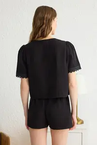 TRENDYOLMİLLA Black 100% Cotton Embroidered Binding Detailed Muslin OF shorts Weaving Pajama Set - Image 5