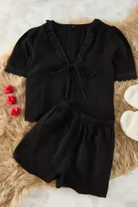 TRENDYOLMİLLA Black 100% Cotton Embroidered Binding Detailed Muslin OF shorts Weaving Pajama Set - Image 6