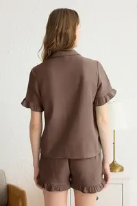 TRENDYOLMİLLA Bitter Brown 100% Cotton Frilly Muslin OF shorts Weaving Pajama Set - Image 5