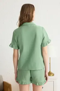 TRENDYOLMİLLA Green 100% Cotton Frilly Muslin OF shorts Weaving Pajama Set - Image 5