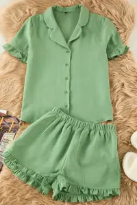 TRENDYOLMİLLA Green 100% Cotton Frilly Muslin OF shorts Weaving Pajama Set - Image 6
