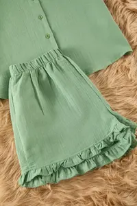 TRENDYOLMİLLA Green 100% Cotton Frilly Muslin OF shorts Weaving Pajama Set - Image 8