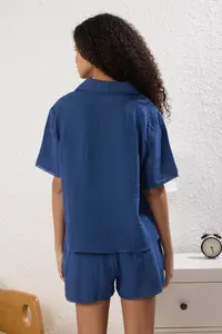 TRENDYOLMİLLA Navy Blue 100% Cotton Lace and Embroidery Detailed Muslin OF shorts Weaving Pajama Set - Image 4
