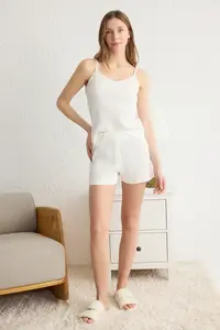 TRENDYOLMİLLA White 100% Cotton Striped Ribbon/with bow Ribbed OF shorts Knitting Pajama Set