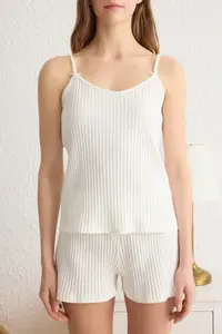 TRENDYOLMİLLA White 100% Cotton Striped Ribbon/with bow Ribbed OF shorts Knitting Pajama Set - Image 3