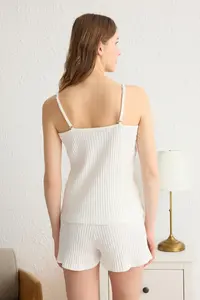 TRENDYOLMİLLA White 100% Cotton Striped Ribbon/with bow Ribbed OF shorts Knitting Pajama Set - Image 5