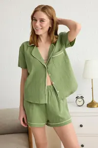 TRENDYOLMİLLA Light Green 100% Cotton Piped Muslin OF shorts Weaving Pajama Set