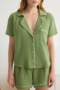 TRENDYOLMİLLA Light Green 100% Cotton Piped Muslin OF shorts Weaving Pajama Set - Image 3