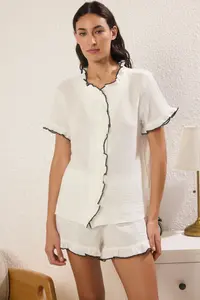 TRENDYOLMİLLA White 100% Cotton Frilly Muslin OF shorts Weaving Pajama Set - Image 2