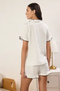 TRENDYOLMİLLA White 100% Cotton Frilly Muslin OF shorts Weaving Pajama Set - Image 4
