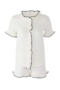TRENDYOLMİLLA White 100% Cotton Frilly Muslin OF shorts Weaving Pajama Set - Image 5