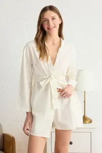 TRENDYOLMİLLA Ecru 3 Sets 100% Cotton Frilly OF shorts Weaving Robe+Pajama Set - Image 3