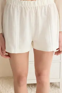 TRENDYOLMİLLA Ecru 3 Sets 100% Cotton Frilly OF shorts Weaving Robe+Pajama Set - Image 6