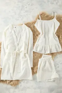 TRENDYOLMİLLA Ecru 3 Sets 100% Cotton Frilly OF shorts Weaving Robe+Pajama Set - Image 8