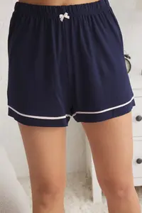 TRENDYOLMİLLA Navy Blue Lace and Ribbon/Bow Detailed OF shorts Knitting Pajama Set - Image 4
