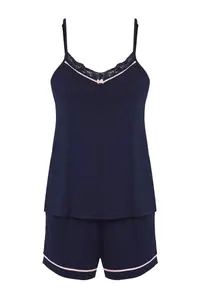 TRENDYOLMİLLA Navy Blue Lace and Ribbon/Bow Detailed OF shorts Knitting Pajama Set - Image 6