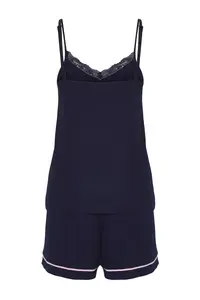 TRENDYOLMİLLA Navy Blue Lace and Ribbon/Bow Detailed OF shorts Knitting Pajama Set - Image 7