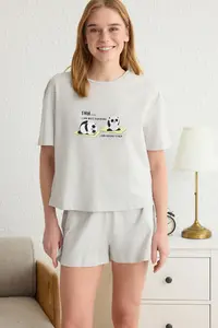 TRENDYOLMİLLA Light Gray 100% Cotton Panda Printed OF shorts Knitting Pajama Set - Image 2