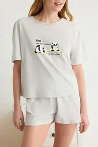 TRENDYOLMİLLA Light Gray 100% Cotton Panda Printed OF shorts Knitting Pajama Set - Image 3