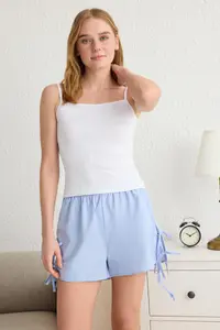 TRENDYOLMİLLA White-Blue Cotton tied up Rope Sleeveless Ribbed OF shorts Knitting Pajama Set - Image 2