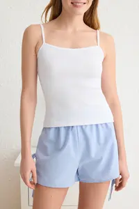 TRENDYOLMİLLA White-Blue Cotton tied up Rope Sleeveless Ribbed OF shorts Knitting Pajama Set - Image 4