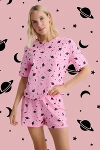 TRENDYOLMİLLA Pink 100% Cotton Galaxy Patterned OF shorts Knitting Pajama Set