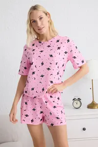 TRENDYOLMİLLA Pink 100% Cotton Galaxy Patterned OF shorts Knitting Pajama Set - Image 3