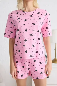 TRENDYOLMİLLA Pink 100% Cotton Galaxy Patterned OF shorts Knitting Pajama Set - Image 4