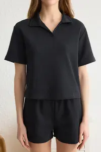 TRENDYOLMİLLA Anthracite Slogan Label Detailed Waffle Material OF shorts Knitting Pajama Set - Image 3