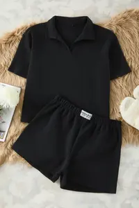 TRENDYOLMİLLA Anthracite Slogan Label Detailed Waffle Material OF shorts Knitting Pajama Set - Image 6