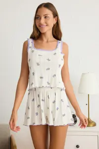TRENDYOLMİLLA Ecru 100% Cotton Floral Lace Pointel Cellular/Delikli OF shorts Knitting Pajama Set - Image 4