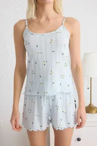 TRENDYOLMİLLA Mavi 100% Cotton Floral Pointel Cellular/Delikli OF shorts Knitting Pajama Set - Image 3