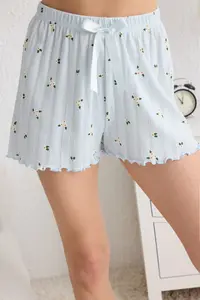 TRENDYOLMİLLA Mavi 100% Cotton Floral Pointel Cellular/Delikli OF shorts Knitting Pajama Set - Image 4