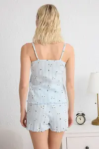 TRENDYOLMİLLA Mavi 100% Cotton Floral Pointel Cellular/Delikli OF shorts Knitting Pajama Set - Image 5