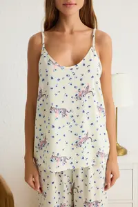 TRENDYOLMİLLA Ecru Hayvan Patterned Rope Sleeveless Viscose Weaving Pajama Set - Image 3