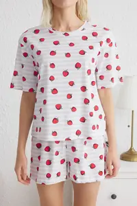 TRENDYOLMİLLA Multicolored 100% Cotton Striped and Strawberry Patterned OF shorts Knitting Pajama Set - Image 2