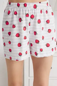 TRENDYOLMİLLA Multicolored 100% Cotton Striped and Strawberry Patterned OF shorts Knitting Pajama Set - Image 4