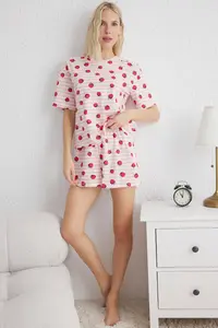 TRENDYOLMİLLA Pink-Multicolored 100% Cotton Striped and Strawberry Patterned OF shorts Knitting Pajama Set - Image 2