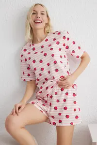 TRENDYOLMİLLA Pink-Multicolored 100% Cotton Striped and Strawberry Patterned OF shorts Knitting Pajama Set - Image 3