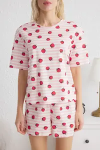 TRENDYOLMİLLA Pink-Multicolored 100% Cotton Striped and Strawberry Patterned OF shorts Knitting Pajama Set - Image 4