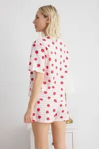 TRENDYOLMİLLA Pink-Multicolored 100% Cotton Striped and Strawberry Patterned OF shorts Knitting Pajama Set - Image 6